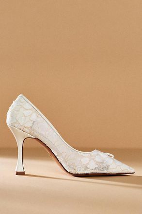 Lola Cruz Pointed-Toe Lace Bow Heels