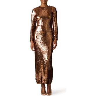 Steve Madden Kayson Sequin Long Sleeve Gown in Bronze at Nordstrom, Size 10