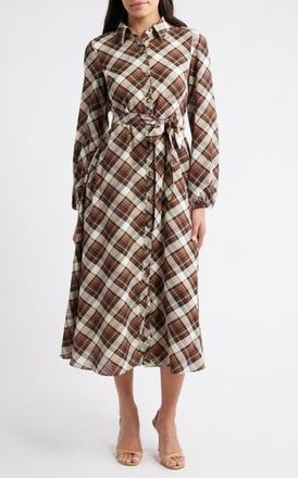 Julia Jordan Plaid Tie Waist Long Sleeve Midi Dress in Brown Multi at Nordstrom Rack, Size 14
