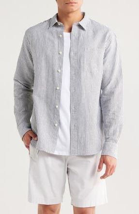 Vince Stripe Linen & Cotton Button-Up Shirt in Coastal/White at Nordstrom Rack, Size Medium