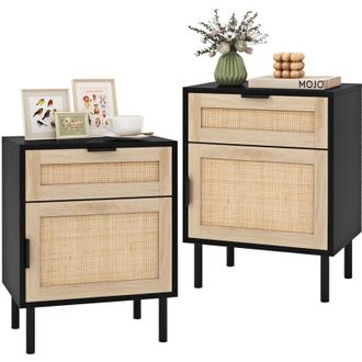 Costway Set di 2 Comodini con Cassetto e Anta, Tavolini in Rattan Stile Boh&eacute;mien Salvaspazio, Mobiletto Armadietto per Camera da Letto, Soggiorno e