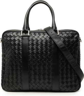 Bottega Veneta Intrecciato Black Leather Briefcase Shoulder Bag (Pre-Owned)