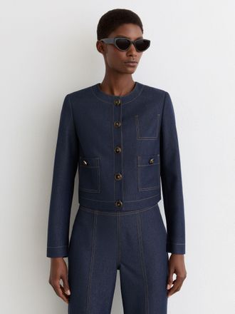 Reiss Dark Blue Collarless Denim-look Cropped Jacket, 16