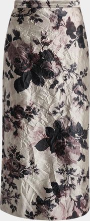 Erdem Floral Metallic Crinkled Midi Skirt