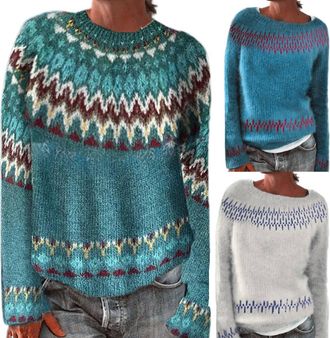 Generic Fairisle Jumpers For Women - Crew Neck Jumper Women Winter Warm WomenS Pullover Sweaters Long Sleeves Womens Chunky Knit Jumpers Loose Comfort Iceland
