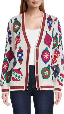 Multiples Cuffed Button Front Cardigan With Embellishments In White Multi
