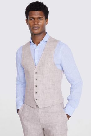 Moss Regular Fit Oatmeal Linen Waistcoat