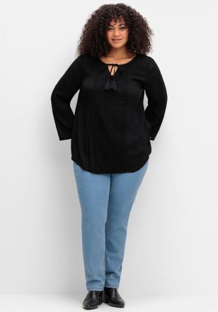 Sheego Schlupfbluse SHEEGO BY JOE BROWNS, Damen, Gr. 40, schwarz, 100% Viskose, Spitzenbesatz:100% Baumwolle, unifarben, Rundhals, Blusen Schlupfbluse