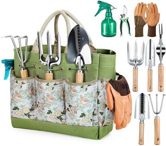 OEM Juego De Herramientas De Jard&iacute;n Pr&eacute;mium De 9 Piezas Para Mujer: Herramientas De Acero Inoxidable Duraderas E Inoxidables, Elegante Bolsa De Almacenami