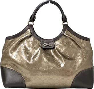 Ferragamo Gold Gray Metallic Brown Patent Leather Tote Bag (Pre-Owned)