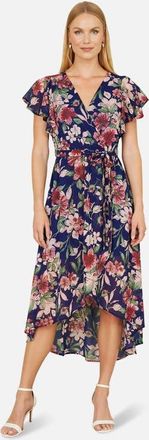 Yumi Floral Wrap Midi Dress With Frill Hem in Blue at Nordstrom, Size 6