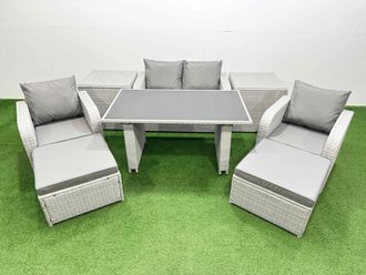 Fimous Outdoor Rattan Garden Furniture Dining Set 6-seater with 2 Side Tables in Light Grey