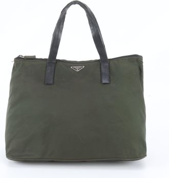 Prada Khaki Leather Nylon Handbag Shoulder Bag Tote Bag (Pre-Owned)