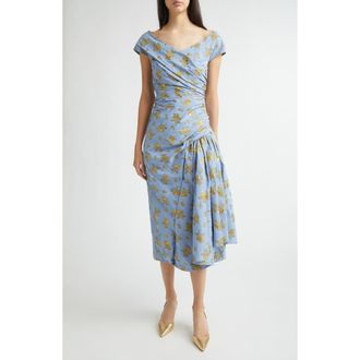 Lela Rose Metallic Floral Ruched Cotton Blend Jacquard Cocktail Dress in Bluebell at Nordstrom, Size 12