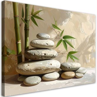 Feeby Cuadro Sobre Lienzo, Piedras Zen Spa Hojas De Bamb&uacute; En Beige, 120x80