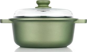 Risoli Casseruola Alta Dr. Green, Alluminio Pressofuso, Bakelite SOFT TOUCH, Rivestimento GREEN STONE, Vetro Borosilicato, Verde, 24x24x11 cm
