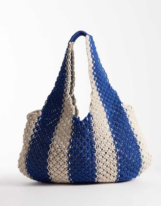 Accessorize Borsa da spalla in macram&egrave; blu e beige a righe nautiche