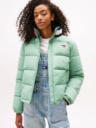 Tommy Jeans Steppjacke TOMMY JEANS TJW ESS PUFFER FLAG JACKET EXT, Damen, Gr. XXL (44), cloudy jade, Web, Obermaterial: 100% Nylon, unifarben mit Farbeinsatz, reg