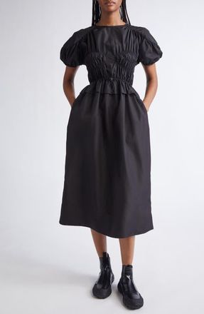 Cecilie Bahnsen Betsy Ruched Puff Sleeve Drawcord Waist Recycled Faille Dress in Black at Nordstrom, Size 0 Us