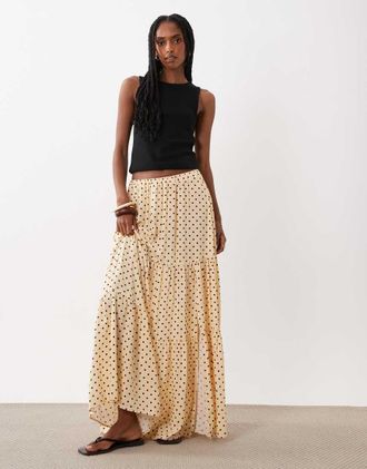 Miss Selfridge Gonna lunga a balze color burro e cioccolato a pois-Multi