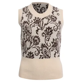 Sandro Sleeveless Paisley Print Knitted Vest in Beige Wool