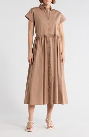 Nordstrom Drop Waist Button Front Cotton Midi Dress in Tan Gingersnap at Nordstrom Rack, Size Xx-Large
