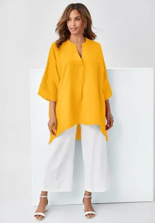 Jessica London Hi-Low Linen Tunic in Sunset Yellow at Nordstrom, Size 28