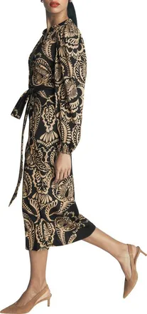Boden Eli Belted Midi Dress in Black Flourishing Medley at Nordstrom, Size 16