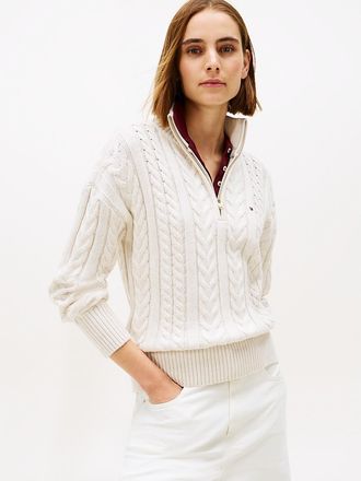 Tommy Hilfiger Womens Cable Knit Quarter-Zip Sweater - Beige - XXL