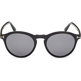 Tom Ford 52mm Polarized Round Sunglasses in Shiny Black /Smoke Polarized at Nordstrom