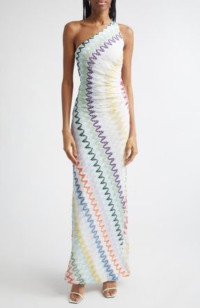 Missoni Metallic Zigzag Raschel Knit One-Shoulder Dress in Multicolor On White Base at Nordstrom, Size 10 Us