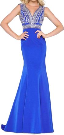 Mac Duggal Deep V-Neck Beaded Bodice Prom Dress In Royal