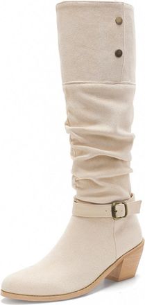 Generic Womens Slouchy Pointed Toe Faux Suede Knee High Boots Buckle Strap Chunky Heel Boots Multi Color Stylish Comfortable For Fashion Party Daily,White,5.5