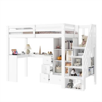 STILVORA Cama Alta 90 X 200 Cm, Cama Individual Con Escritorio, Escalera Con Almacenaje, Cajones Y Estantes, Sin Colch&oacute;n