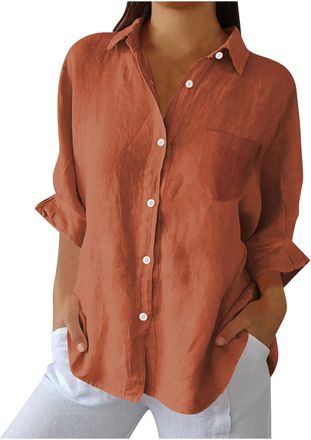 Generic Womens Linen Shirts UK Sale Clearance Long Sleeve Tops Button Down Blouses Cotton Linen Tunic Tops Ladies Loose Casual Lapel Neck Shirt Plain Longline