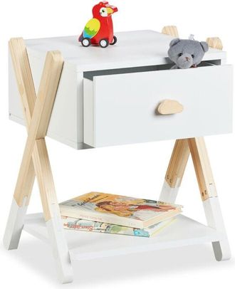 Relaxdays Childrens Bedside Table, Kids Nightstand with Drawer, hwd: 42x34x32 cm, X-Design, Wood & mdf, White/Natural - Relaxdays