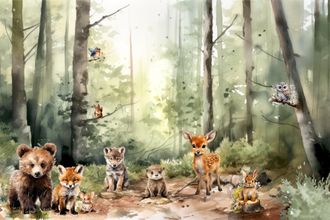 OEM Papel Pintado Infantil Con Foto Del Bosque: Animales J&oacute;venes, Oso De Peluche, Lobo, Zorro, Liebre, Nutria M140 300x200