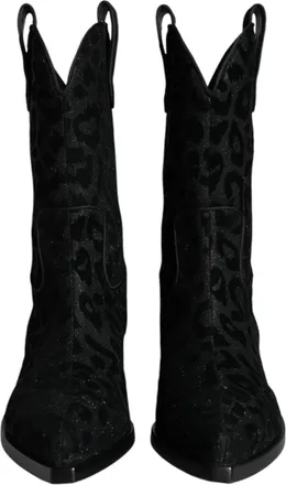 Dolce & Gabbana Black Gray Leopard Cowboy Boots Womens Shoes