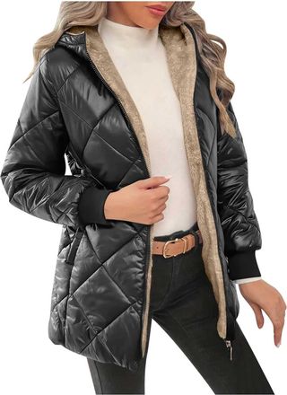 Generic Winter Coats for Women UK - Fleece Lined Quilted Jackets, Sherpa Hooded Long Sleeve Padded Coat with Pockets, Windproof Puffer Down Jacket, Cotton Win