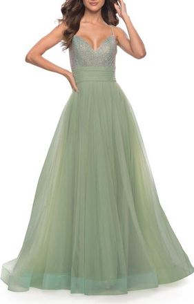 La Femme Tulle Gown with Full Skirt and Rhinestone Bodice in Sage at Nordstrom, Size 00