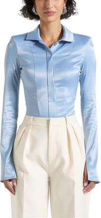 Mani&egrave;re De Voir Louise Wide Shoulder Satin Shirt Bodysuit in Pale Blue at Nordstrom, Size 2
