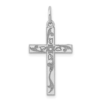 Diamond2Deal 14K White Gold Laser Designed Floral Cross Charm Pendant