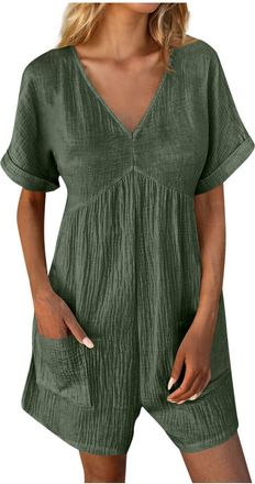 Generic Womens Dungarees Boho Lounge Rompers One Piece Casual Overalls Summer Short Sleeve Ladies Jumpsuits Plus Size Beach Vacation Short Playsuits with Pock