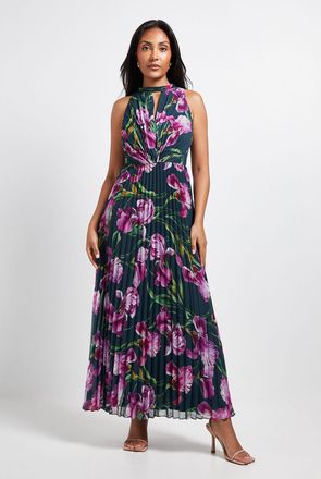 Wallis Womens Petite Floral Print Pleated Maxi Dress - Green - Size 12 UK