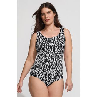 Lands End Plus Size DDD-Cup Tugless Low Leg One Piece Swimsuit in Black/white Vine Floral at Nordstrom, Size 24W