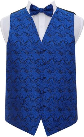 DQT Men Paisley Floral Wedding Waistcoat and Bow Tie Royal Blue 36