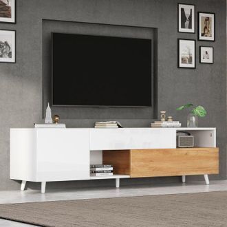 OEM Mueble De Tv Blanco, Lacado Brillante, Con 2 Puertas Y 1 Caj&oacute;n, Mueble De Sal&oacute;n, 180 X 38 X 50 Cm