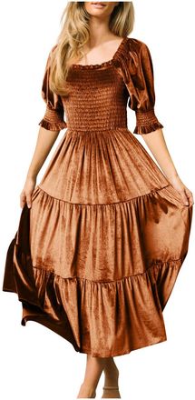 Generic Women Square Neck Velvet Dress Smocked Waist Vintage Long Dress Tiered Flowy Elegant Party Dresses Short Sleeve Evening Gown Princess Dress Ladies Wed