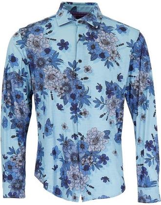Lords of Harlech Sherlock Tailored Merino Wool Shirt in Valencia Floral Teal at Nordstrom, Size Medium