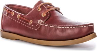Justinreess England JUSTINREESS Bay Mens Exposed Stitch Deck Leather Boat Shoes (Burgundy, UK 9)